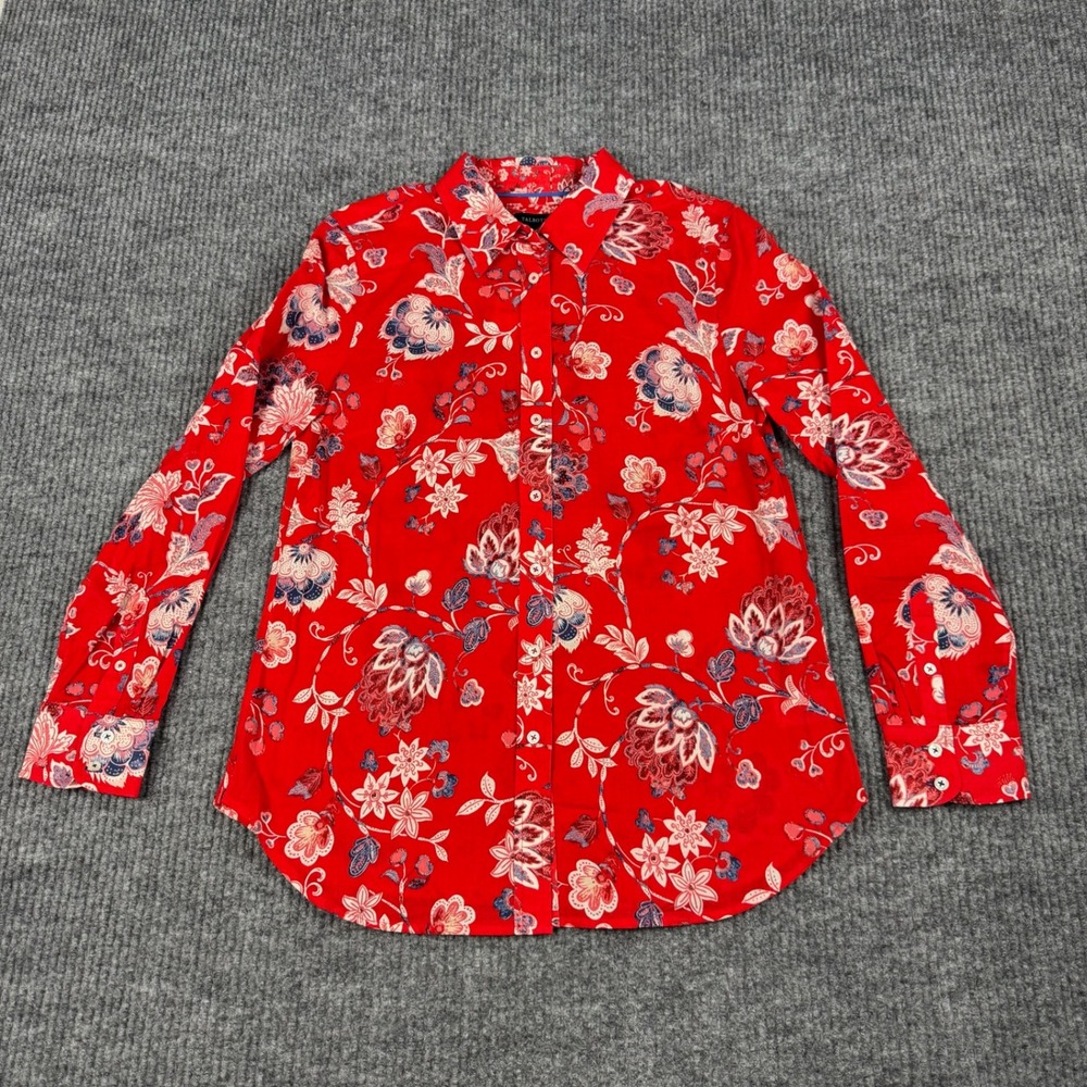 Talbots Button Up Shirt Womens S Red Floral Paisley Cotton Long Sleeve Boho Chic